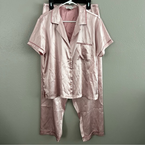 Jones New York Light Pink Satin Pajamas Size L Top Pants Lounge Set Embroidered - Picture 1 of 10